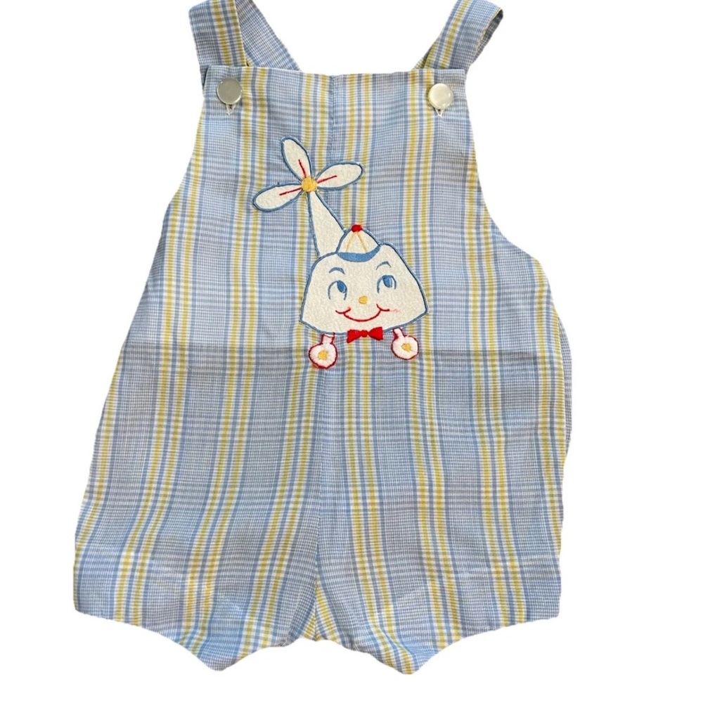 Baby B vintage boys bubble romper helicopter appliqué pastel blue 6 mos 1970s